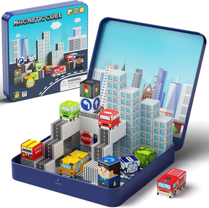 Magnetische Bausteine Stadtverkehr Set, Reisespielzeug für Kinder STEM Spielzeuge Reise Lerngeschenk