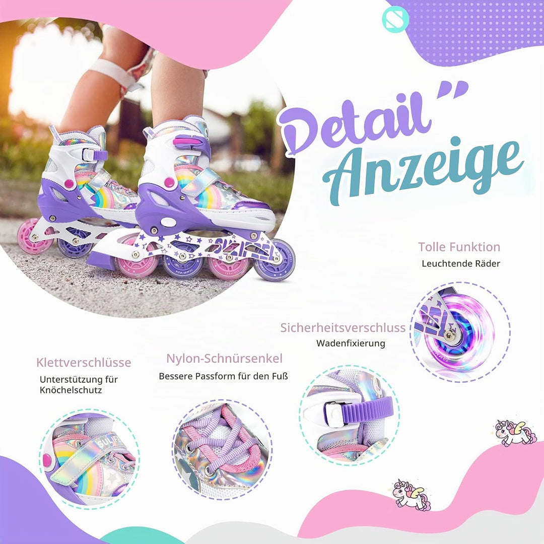 SULIFEEL Rainbow Unicorn Einstellbare beleuchtete Inline-Skates für Kinder Mädchen Anfänger-Skates m