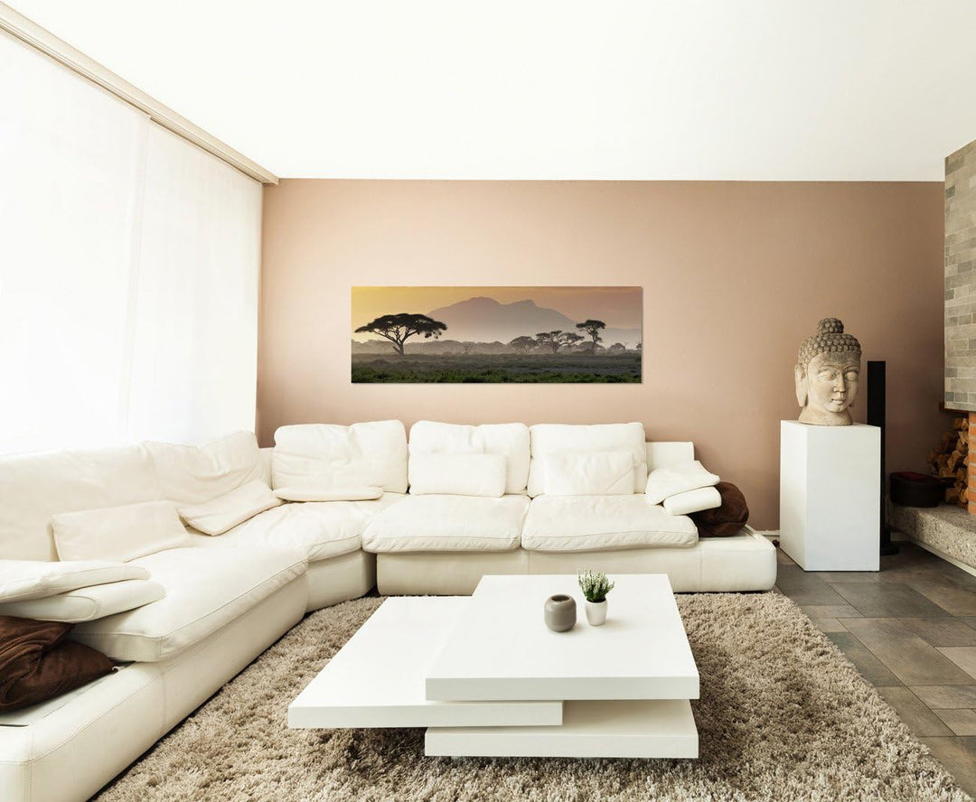 Paul Sinus Art Panoramabild auf Leinwand und Keilrahmen 150x50cm Afrika Wiesen Bäume Berge Sonnenunt