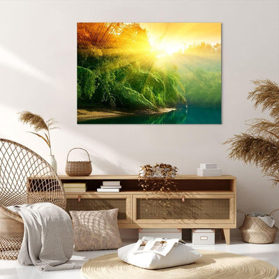 Bilder auf Leinwand 100x70cm Leinwandbild mit Rahmen Tropen Bäume Fluss Gross Wanddeko Bild Schlafzi