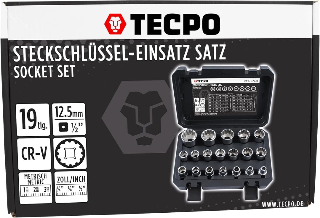 TECPO Steckschlüssel Satz 19-tlg. Sechskant 8-32 mm 1/2 Zoll Werkzeug Nuss-Set Zöllig 5/16"-1-1/4" E