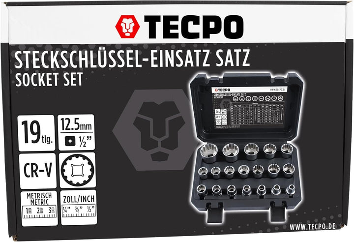 TECPO Steckschlüssel Satz 19-tlg. Sechskant 8-32 mm 1/2 Zoll Werkzeug Nuss-Set Zöllig 5/16"-1-1/4" E