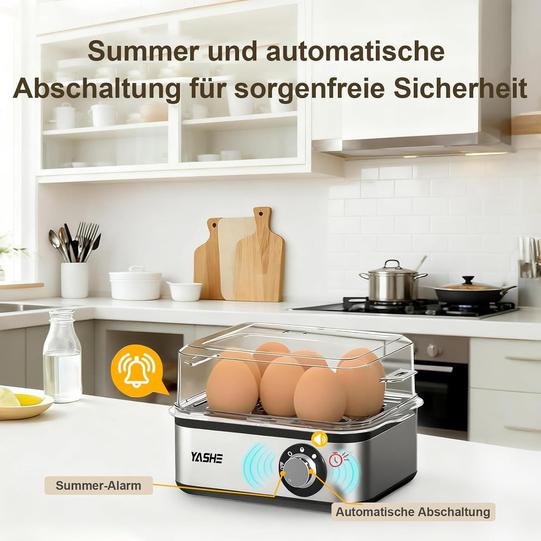 YASHE Eierkocher, Edelstahl-Elektro-Eierkocher für 8 Eier für weich, mittel und hart gekochte Eier,
