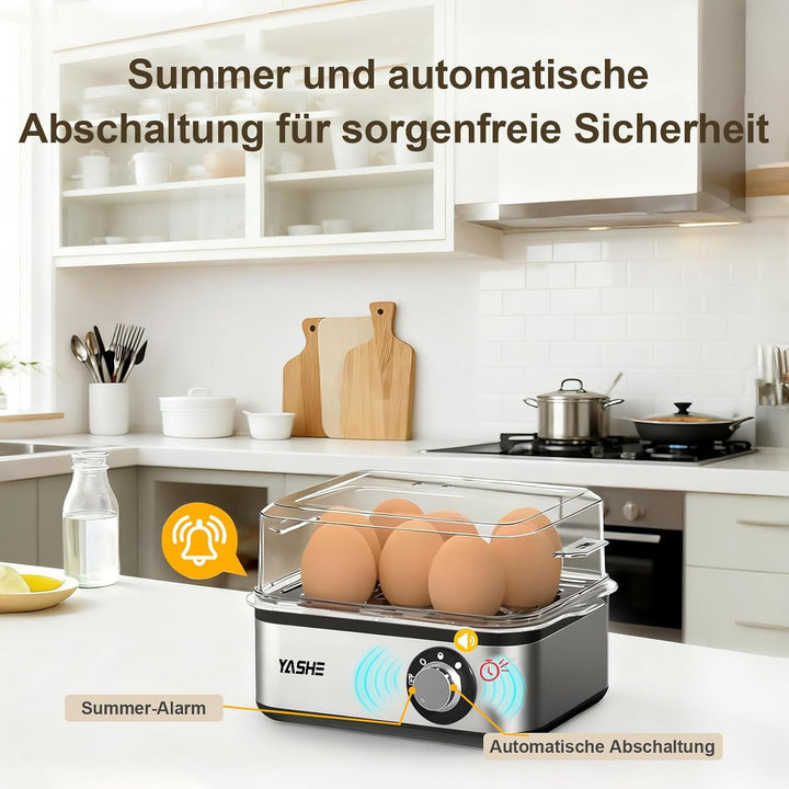 YASHE Eierkocher, Edelstahl-Elektro-Eierkocher für 8 Eier für weich, mittel und hart gekochte Eier,