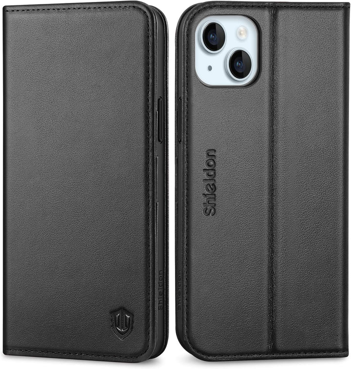SHIELDON Hülle für iPhone 15 Plus, 5G Handyhülle [Echtleder] [Kartenfach] [Magnet] [Standfunktion] [