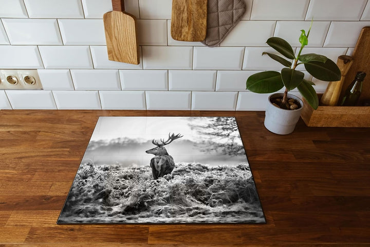 Stolzer Hirsch Herdabdeckplatte & Spritzschutz aus Echtglas | Für Herd-Kochfelder | 60x52 cm