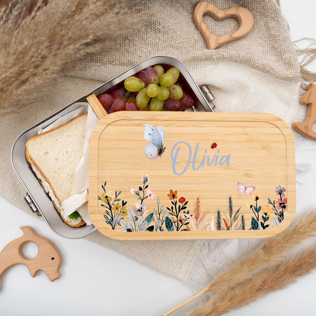 Kidsmood - Personalisierte Brotdose Kinder mit Fächern, Edelstahl Lunchbox mit Bambusdeckel | Schads