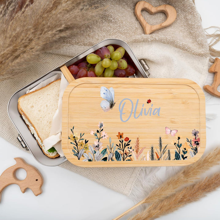 Kidsmood - Personalisierte Brotdose Kinder mit Fächern, Edelstahl Lunchbox mit Bambusdeckel | Schads
