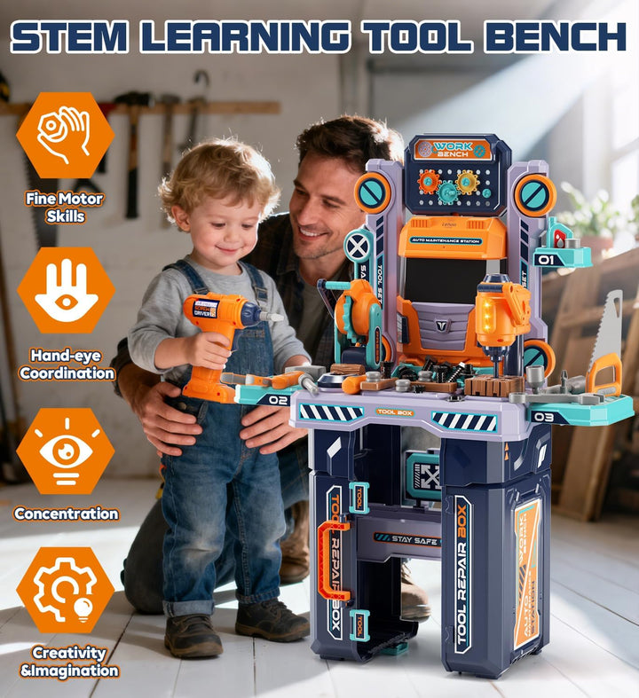 Lehoo Castle Werkbank Kinder 83cm Grossformat, Transformierbarer LKW mit Elektrischem Werkzeug Bohrh