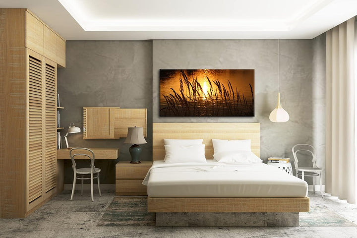 Gräser am Ufer eines Sees Panorama 100x50 cm als Leinwandbild, Motiv fertig gerahmt auf Echtholzrahm