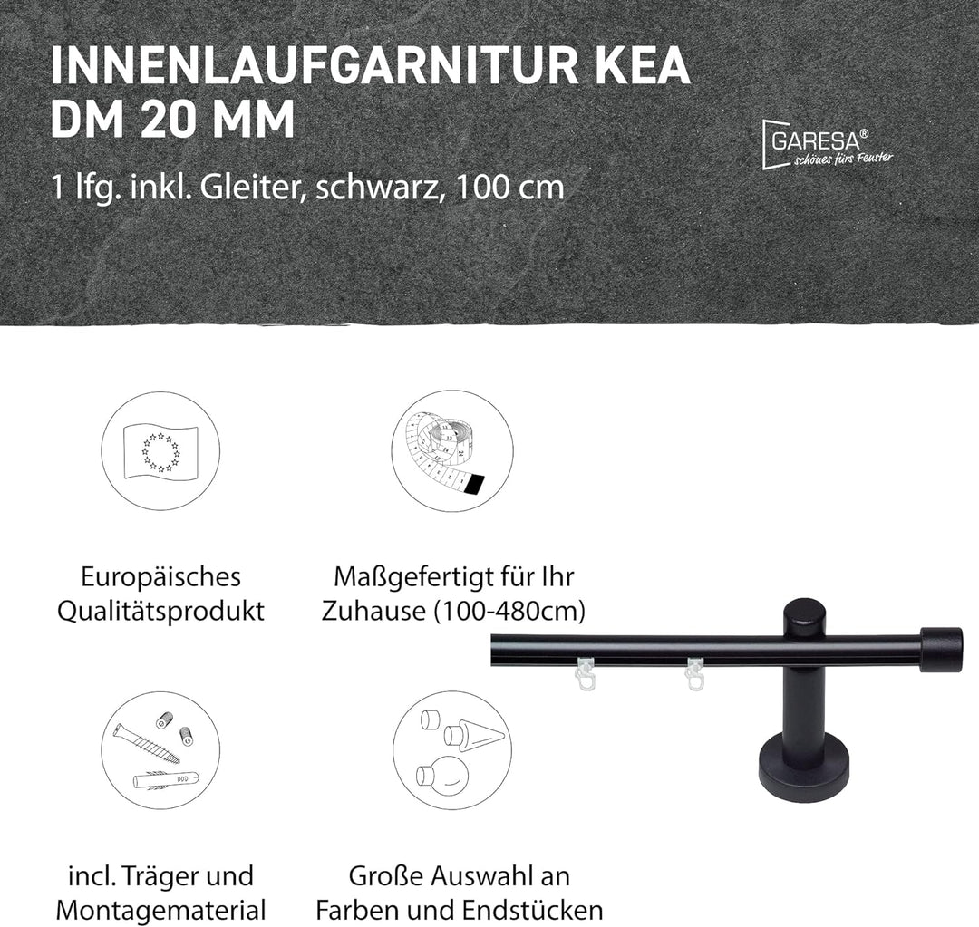 Garesa Gardinenstange Kea Ø 20mm, 1-läufig, Schwarz I Aluminium Vorhangstange inkl. Gleiter I Endkno