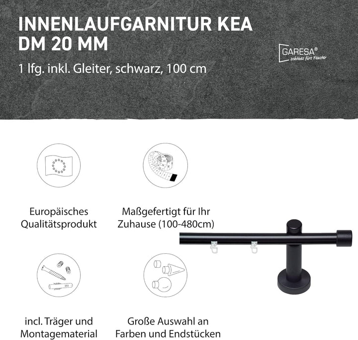 Garesa Gardinenstange Kea Ø 20mm, 1-läufig, Schwarz I Aluminium Vorhangstange inkl. Gleiter I Endkno