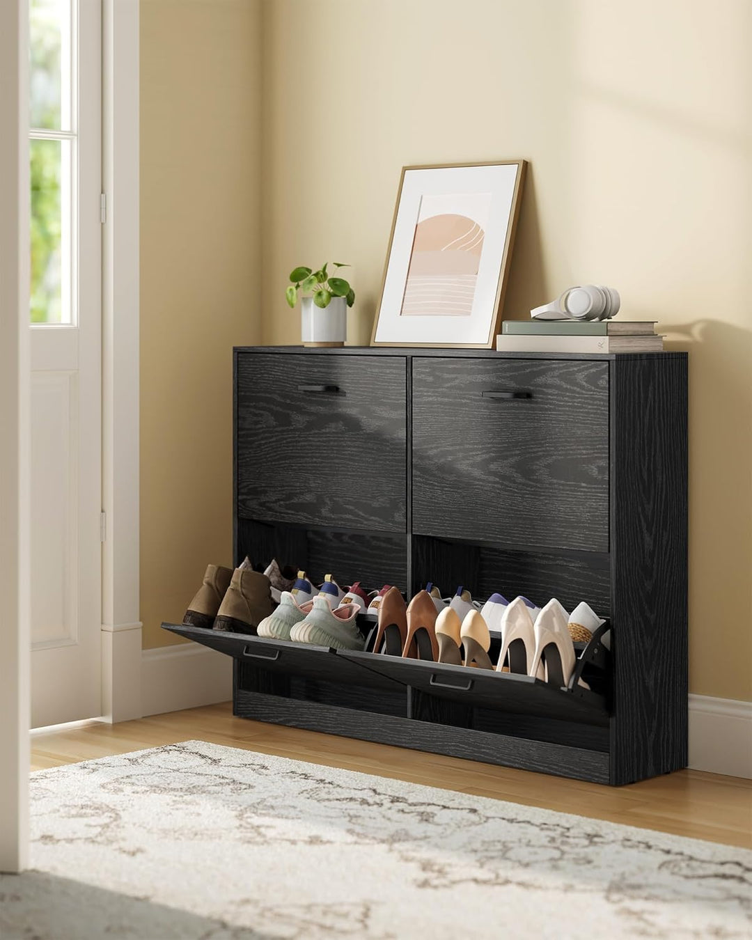 VASAGLE Schuhschrank 4 Klappen, Schuhkipper, Schuhregal, Schuhaufbewahrung, Trennwand verstellbar, f