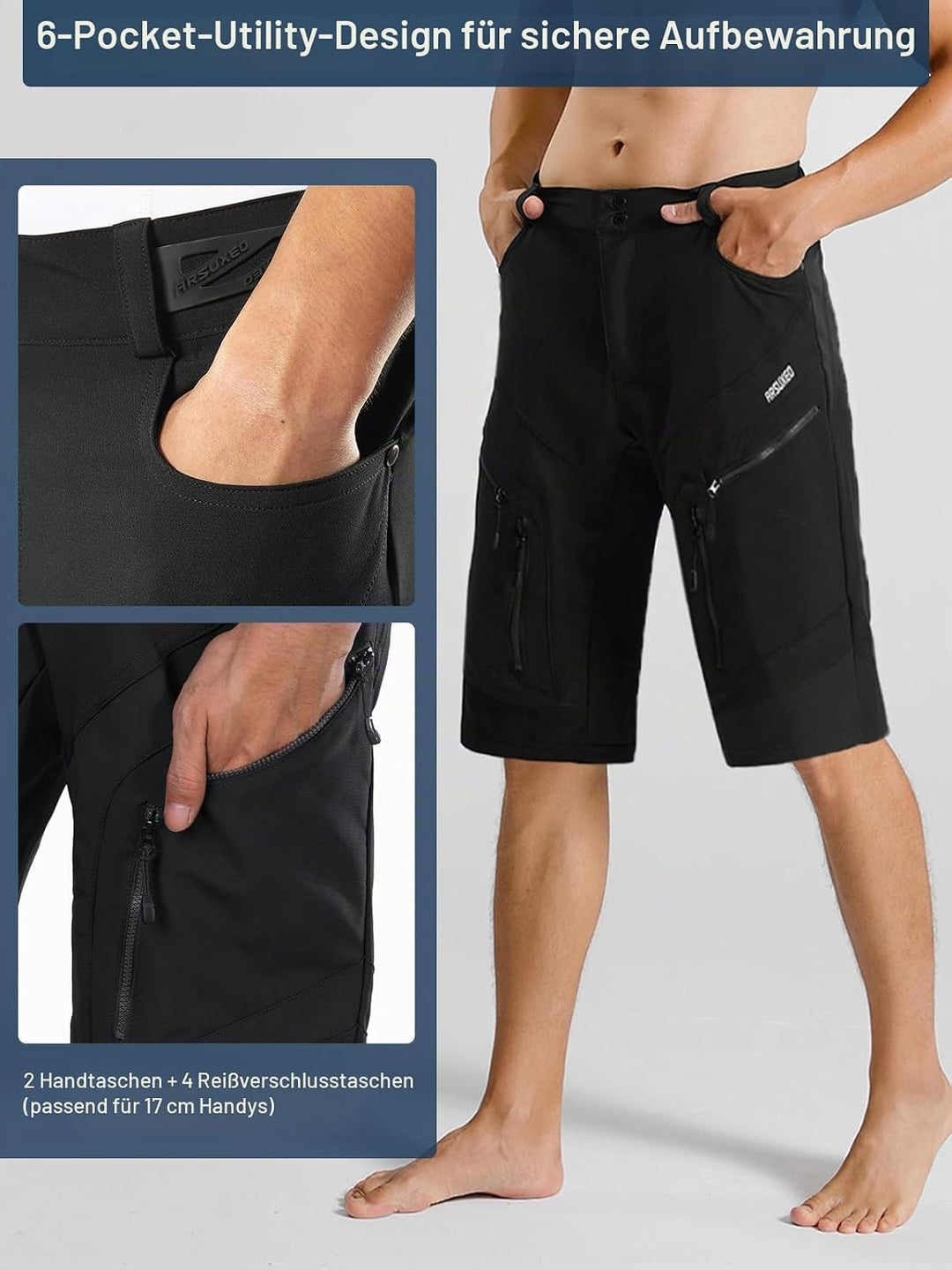 ARSUXEO Radhose Herren MTB Shorts ohne Polsterung Radfahren Shorts Klassisch Wasserdicht 1903 Schwar