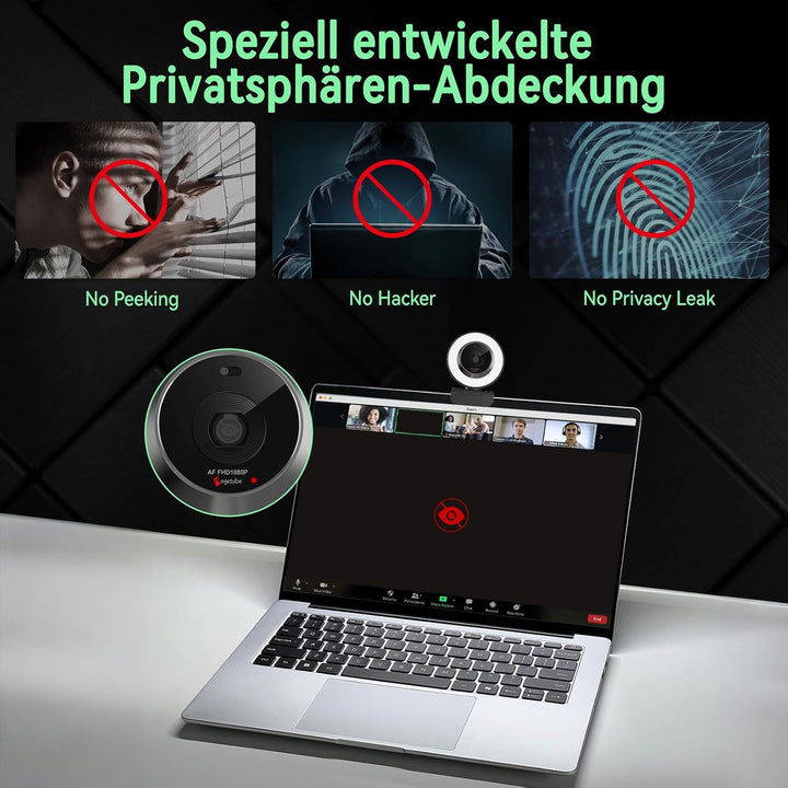 Angetube Webcam für PC, 1080P/30fps USB-Kamera mit Ringlicht, Privatschatten, Autofokus, Computer Ca