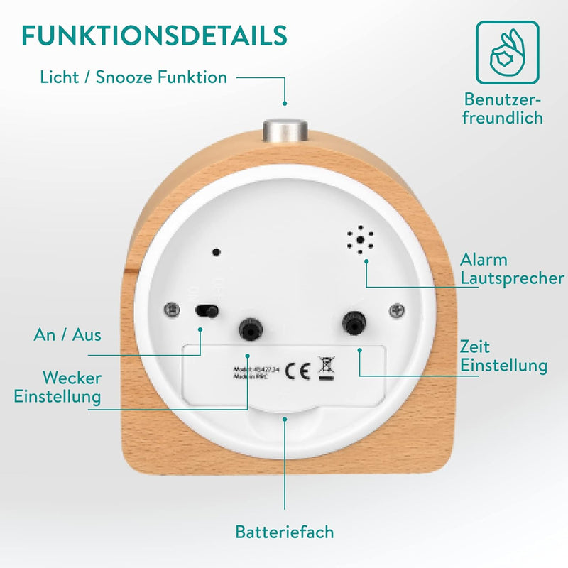 Navaris Holz Wecker Analog ohne Ticken - Batteriebetrieben - Wecker ohne Ticken - Mit Snooze Schlumm