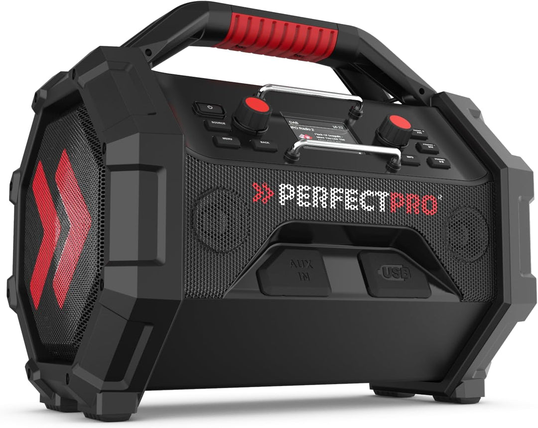 PerfectPro Baustellenradio ROCKTAGON 18V, DAB+ und UKW-Empfang, AUX-Eingang, USB Laden, Bluetooth 5.