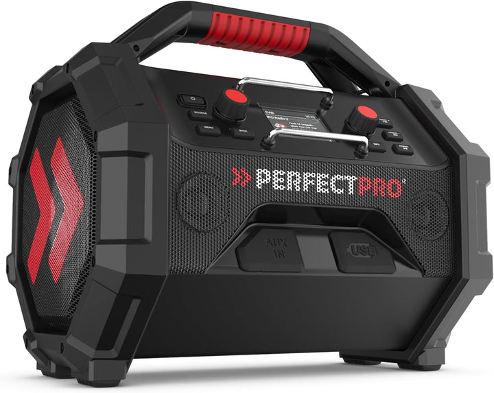 PerfectPro Baustellenradio ROCKTAGON 18V, DAB+ und UKW-Empfang, AUX-Eingang, USB Laden, Bluetooth 5.