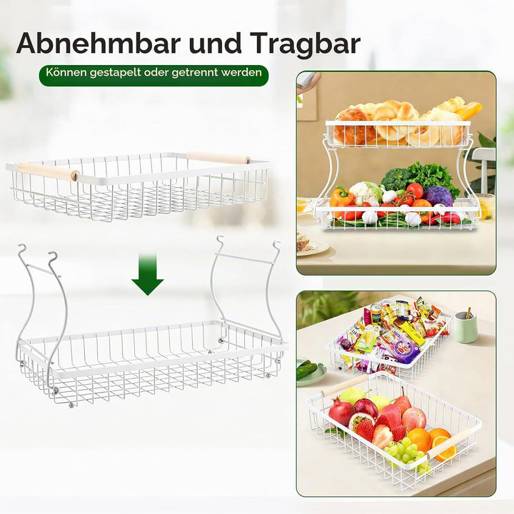 VINATO Obstkorb, Obst Etagere 2 Stöckig mit Holzgriffen für Küche, Bad &amp; Mehr – Obstständer, Gemüse
