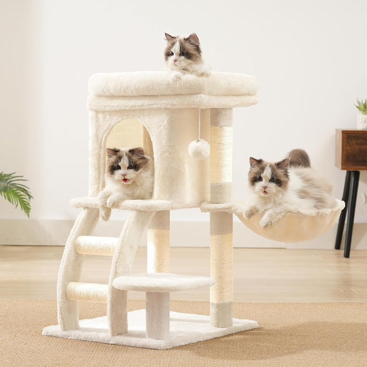 Heybly Katzenbaum, kleiner Kratzbaum für Katzen, 75 cm hoch, mit oberer Plattform, Hängematte, Klett