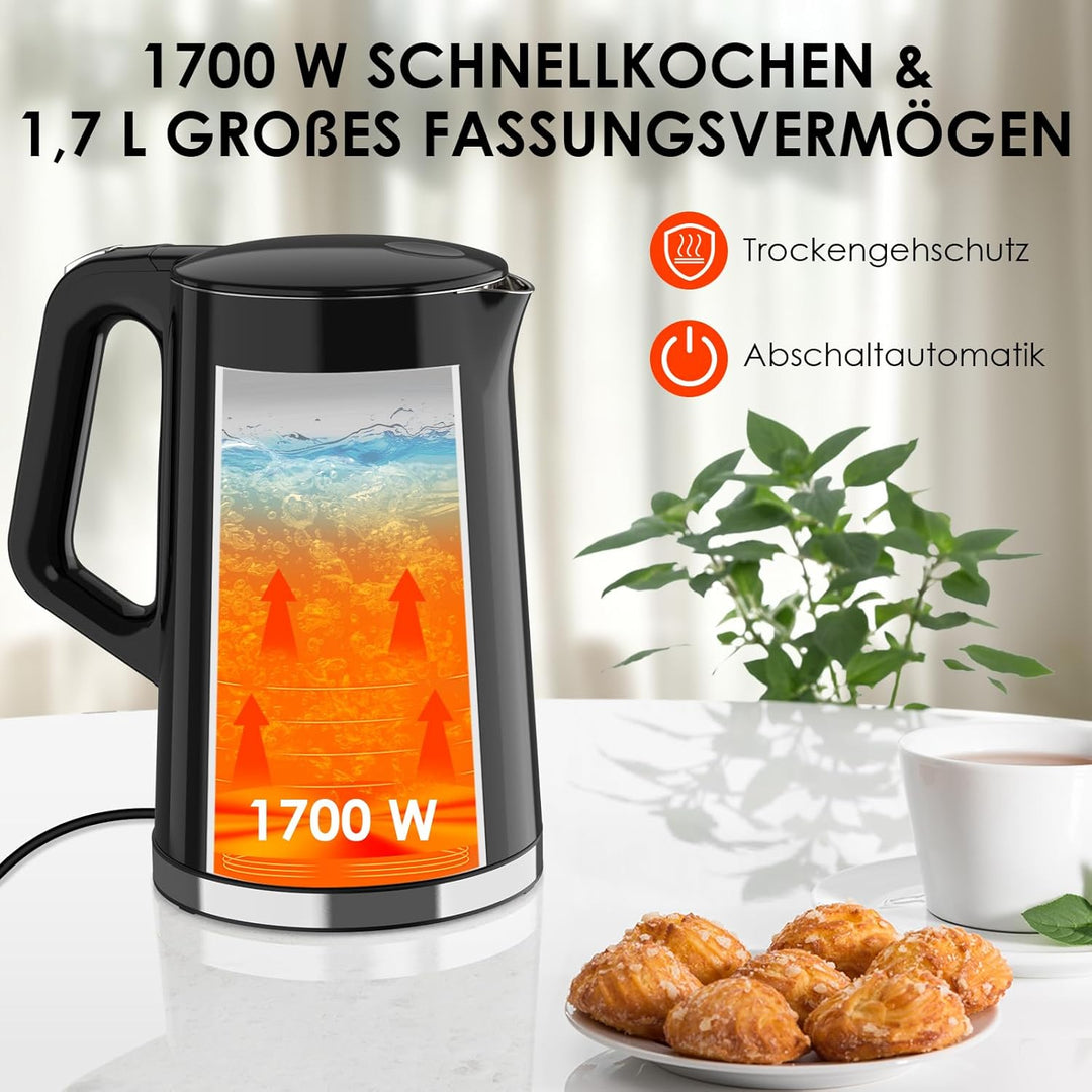 VORSCH Wasserkocher Edelstahl 1,7 L mit LCD-Temperaturanzeige, Temperaturwahl 40-100 °C, Trockengehs