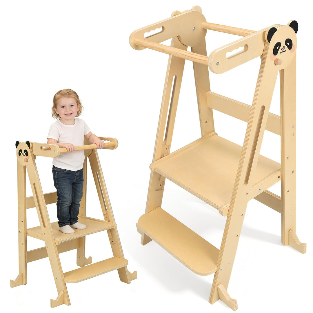 Lernturm Klappbar ab 1 Jahr, Montessori Lernturm aus Holz für Kinder, Höhenverstellbarer Learning To