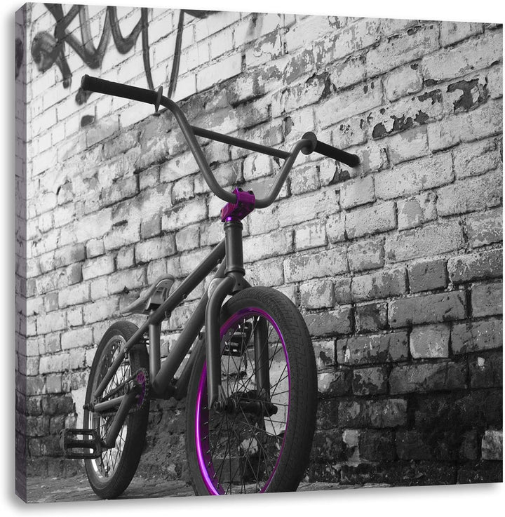 Pixxprint BMX Fahrrad vor Graffitiwand schwarz/weiss, Format: 70x70 auf Leinwand, 70x70