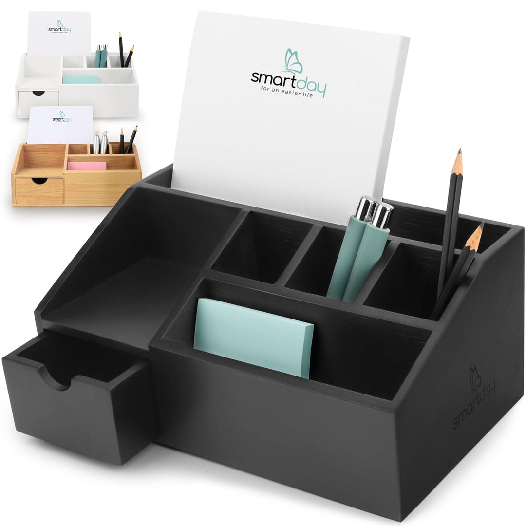 Schreibtisch Organizer aus Bambus Holz mit Schublade schwarz - Ordnungssystem Büro Stiftehalter, Sti