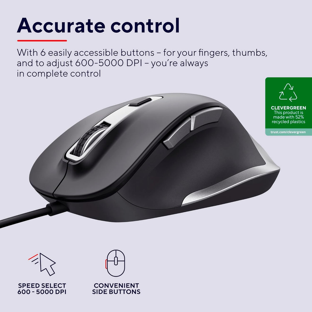 Trust Fyda PC Maus mit Kabel, Nachhaltiges Design, 600-5000 DPI, 6 Tasten, Daumen- und Fingerauflage