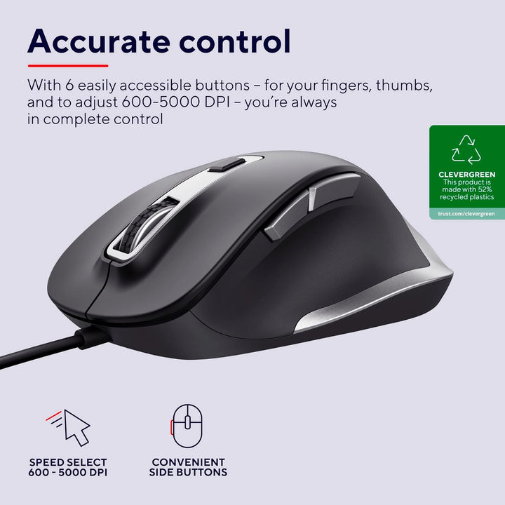 Trust Fyda PC Maus mit Kabel, Nachhaltiges Design, 600-5000 DPI, 6 Tasten, Daumen- und Fingerauflage