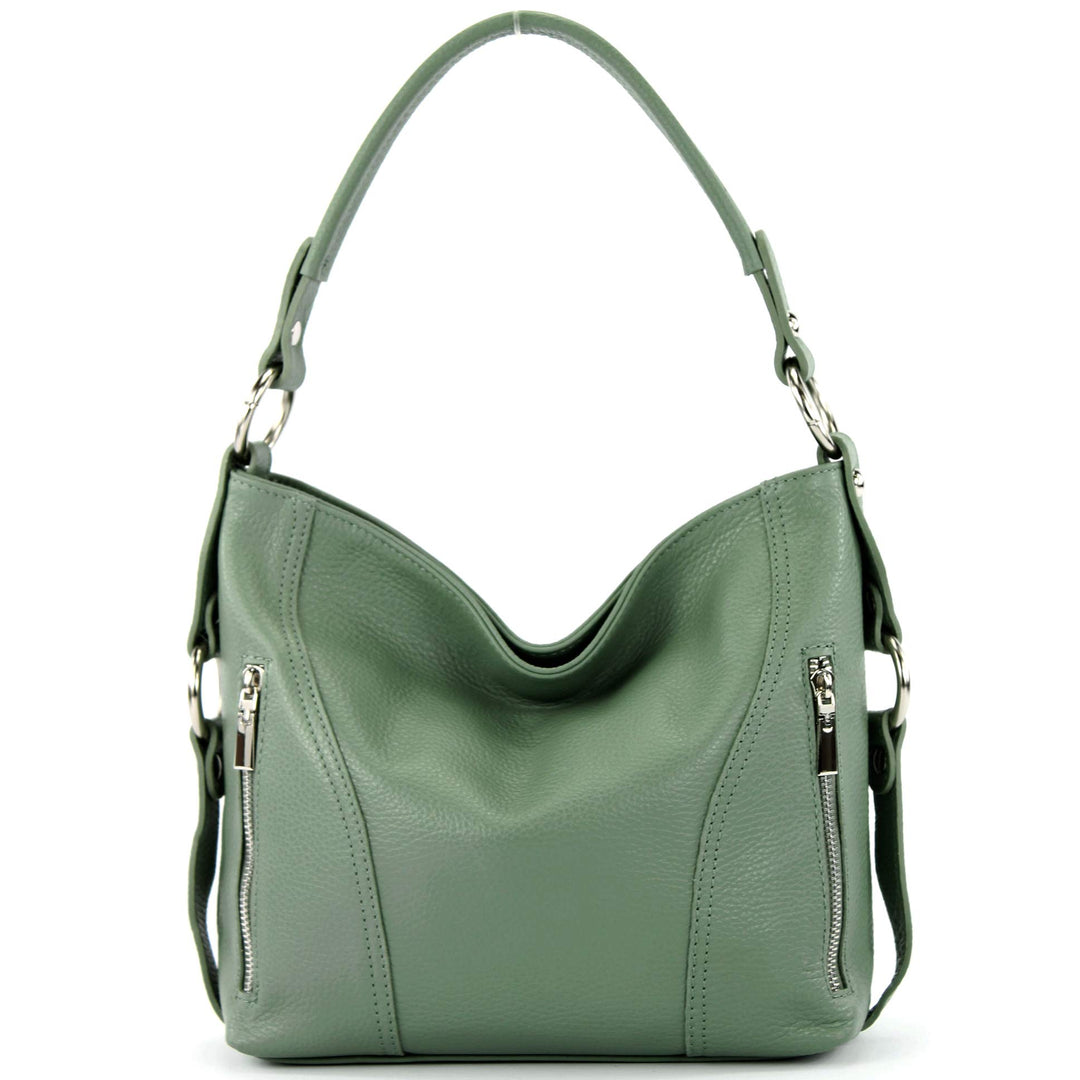 modamoda de - T202 - ital. Damen Henkeltasche Schultertasche aus Leder Graugrün, Graugrün