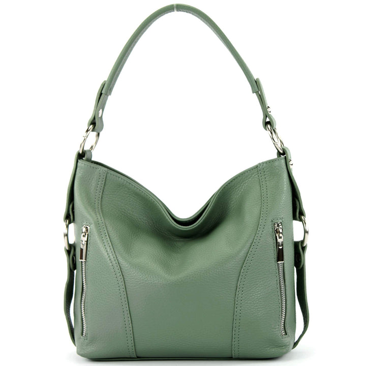 modamoda de - T202 - ital. Damen Henkeltasche Schultertasche aus Leder Graugrün, Graugrün