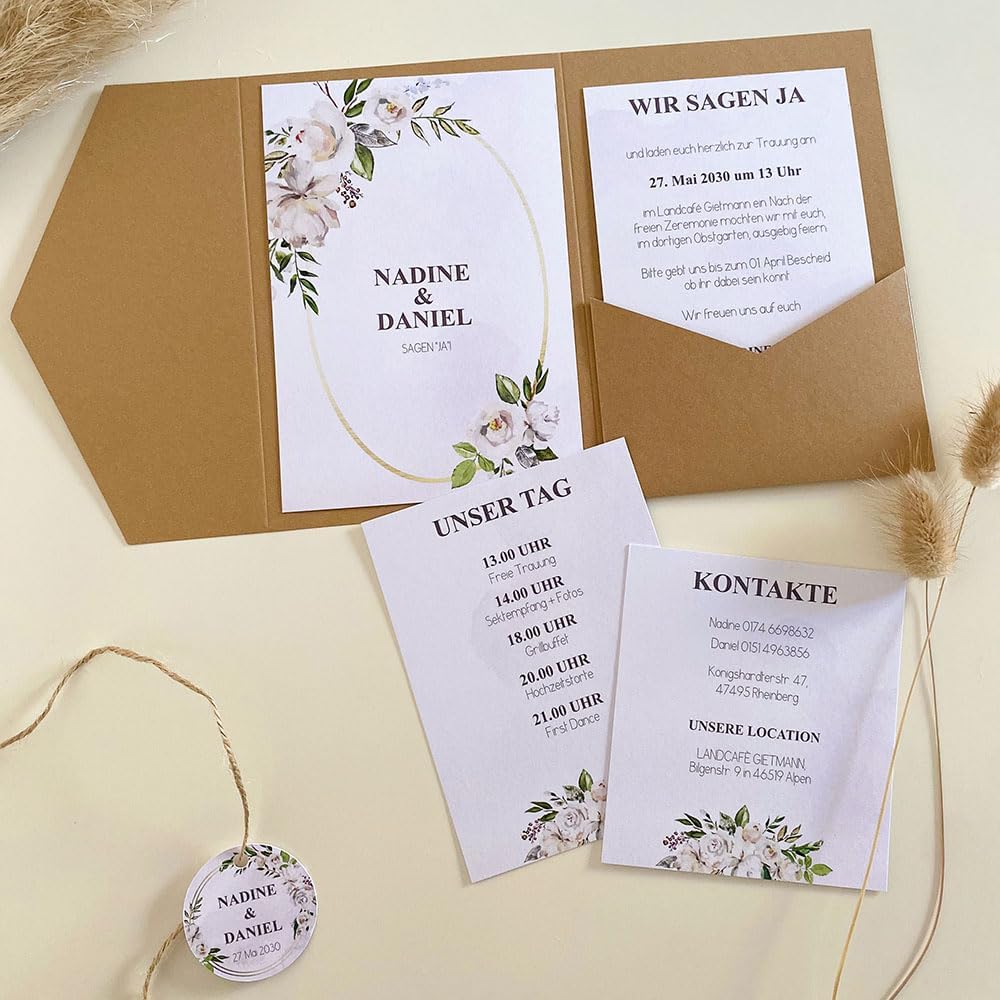 Blanko Pocketfold Karte B6 Recycling Natur | Einladung DIY Hochzeit Kraftpapier Umschlag Grösse 25 S