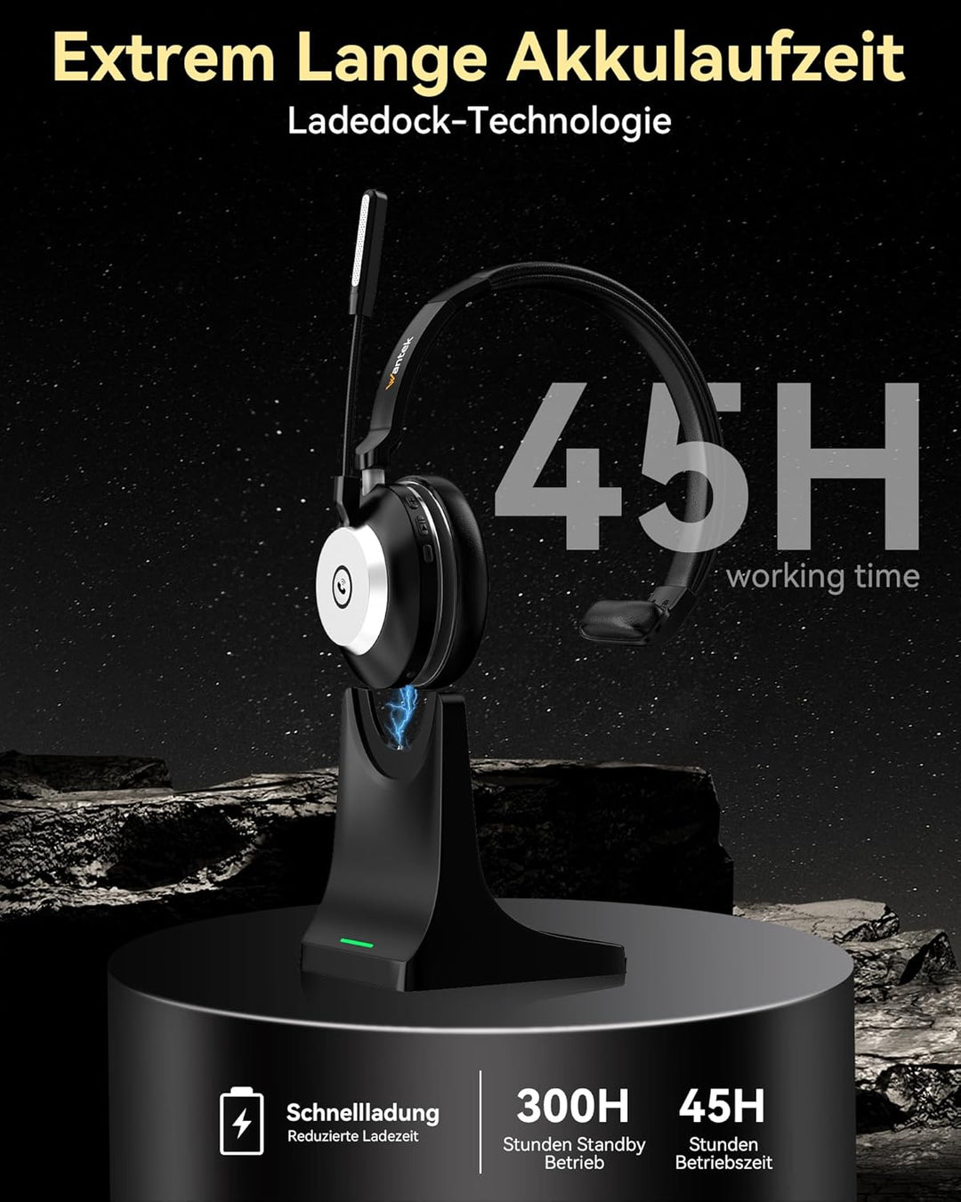Wantek Wireless Headset Mit Mikrofon (EIN-Ohr) Für Home Office Mit KI-Geräuschunterdrückung Bluetoot