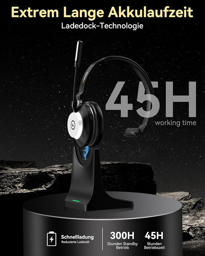 Wantek Wireless Headset Mit Mikrofon (EIN-Ohr) Für Home Office Mit KI-Geräuschunterdrückung Bluetoot