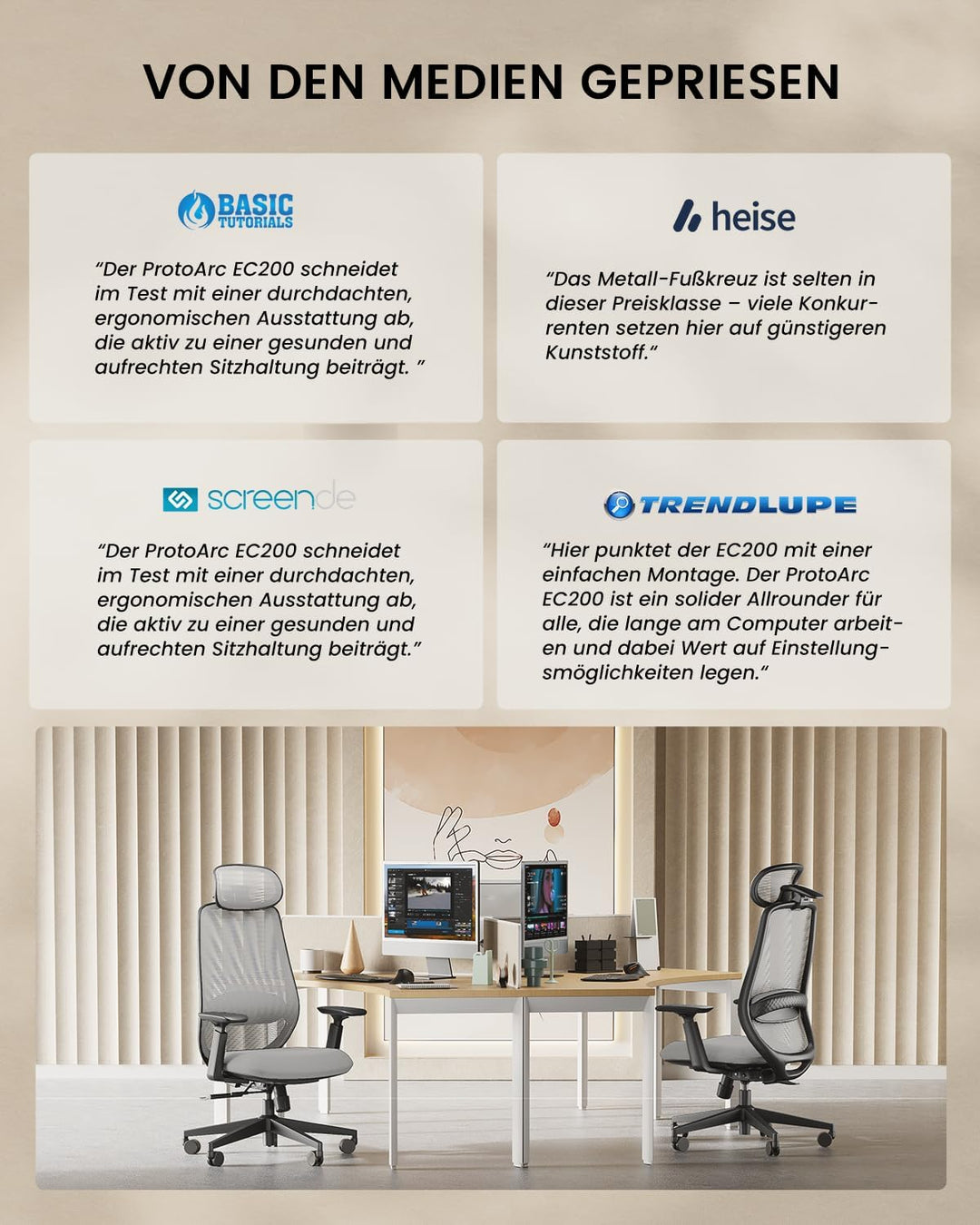 ProtoArc EC200 Bürostuhl Ergonomisch, Schreibtischstuhl mit Höhen- und Tiefenverstellbarer Lendenwir