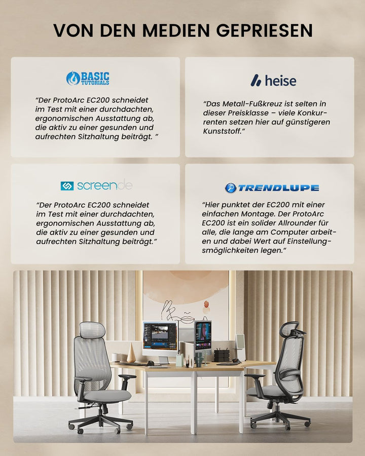 ProtoArc EC200 Bürostuhl Ergonomisch, Schreibtischstuhl mit Höhen- und Tiefenverstellbarer Lendenwir
