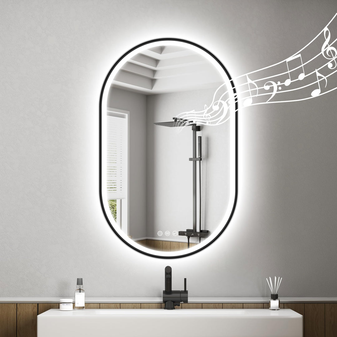 STARLEAD Schwarz Oval-LED-Badspiegel-mit-Beleuchtung 80x50cm, Bluetooth, Dimmbar, 3 Lichtfarben, Ent