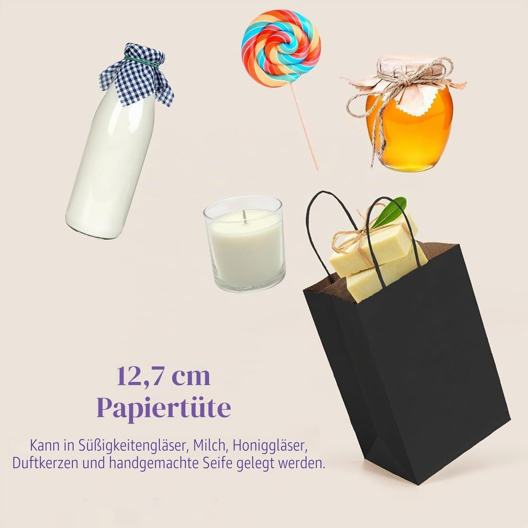 Switory 50 Stück Papiertüten Geschenktüten Schwarz, Kraft Papiertüte mit Henkel zum Party, Geburtsta