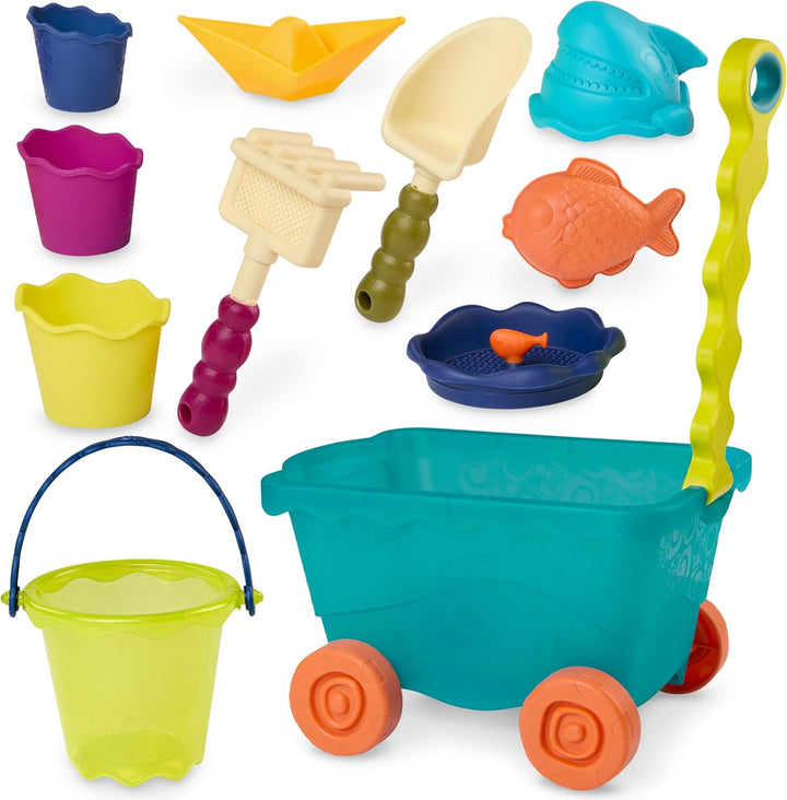 B. toys Sandspielzeug 11 Teile mit Bollerwagen – Sandkasten Spielzeug, Strand, Spielplatz mit Eimer,
