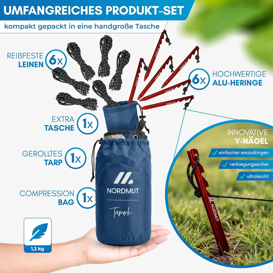 NORDMUT® Tarp 3x3/4m wasserdicht für optimalen Regen- und Sonnenschutz – Robuste Zeltplane kleines P