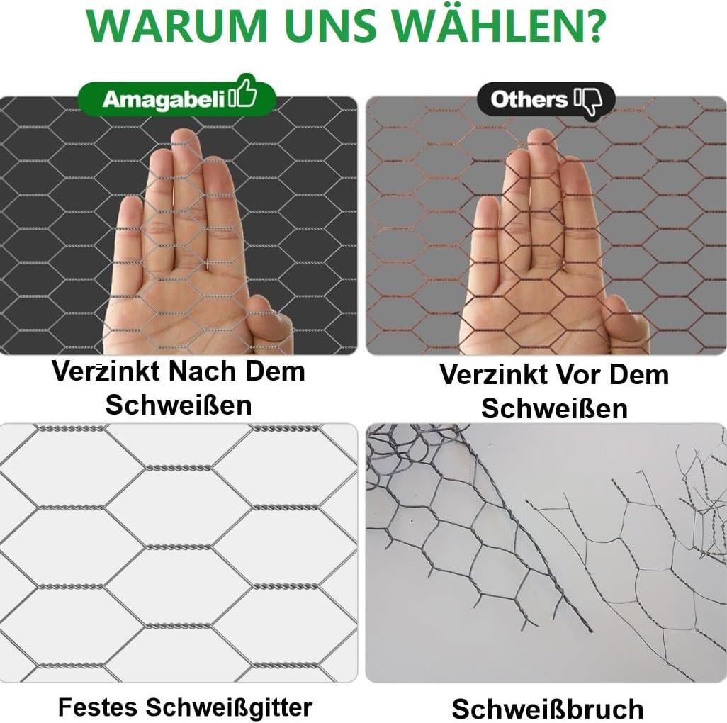 Amagabeli 1M x 25M Maschenweite 40mm Sechseckig Verzinkt Hühnerzaun Kaninchendraht Hasengitter Feinm
