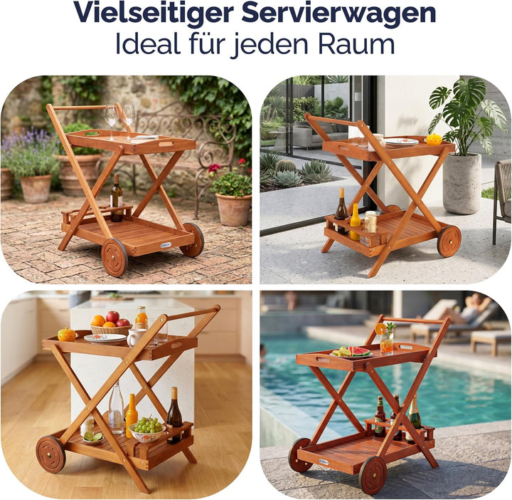 Casaria Servierwagen mit Rollen FSC®- zertifiziertes Akazien Holz 2 Ebenen Tablett Flaschenhalter Kü