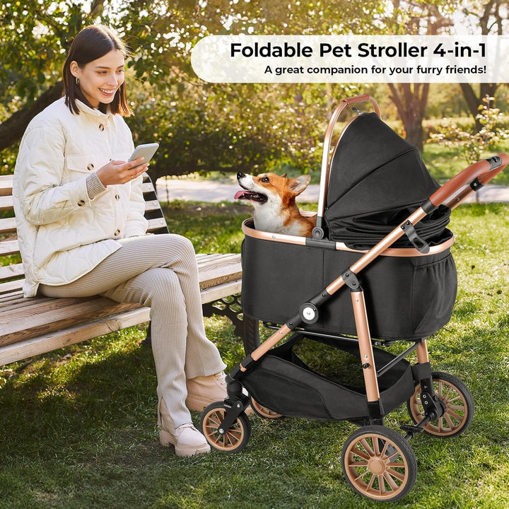 MAMIZO 4 in 1 Hundewagen, Hundebuggy bis 25kg, 360° Gummiräder mit Stossdämpfung, Faltbar Hund Kinde