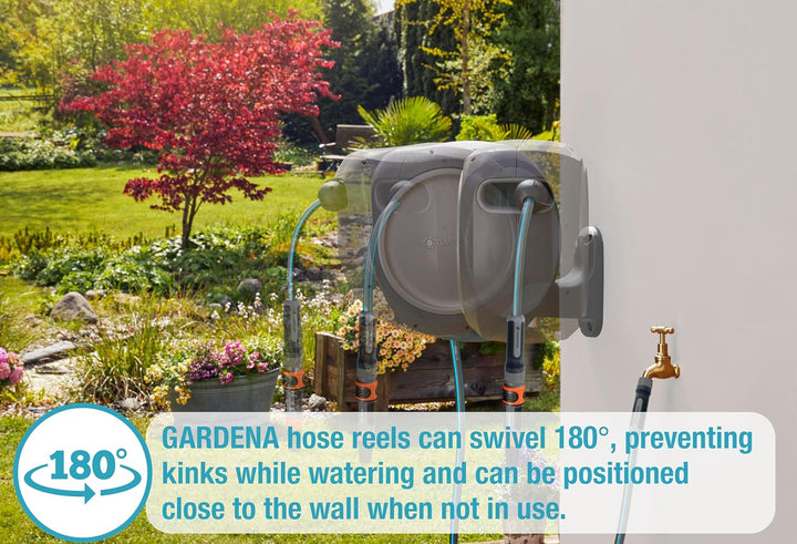 Gardena 8040 15 m ausziehbare Spule mit Schlauchführung, Fuss, grau 50 ft mit extra Schlauchführung,