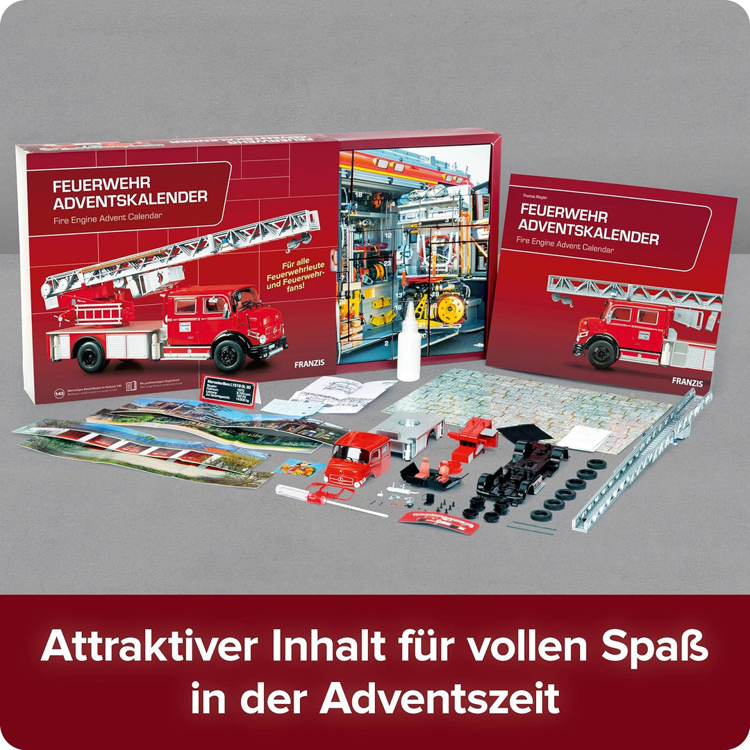 FRANZIS 67206 - Feuerwehr Adventskalender, Metall Modellbausatz des Mercedes-Benz L1519 im Massstab