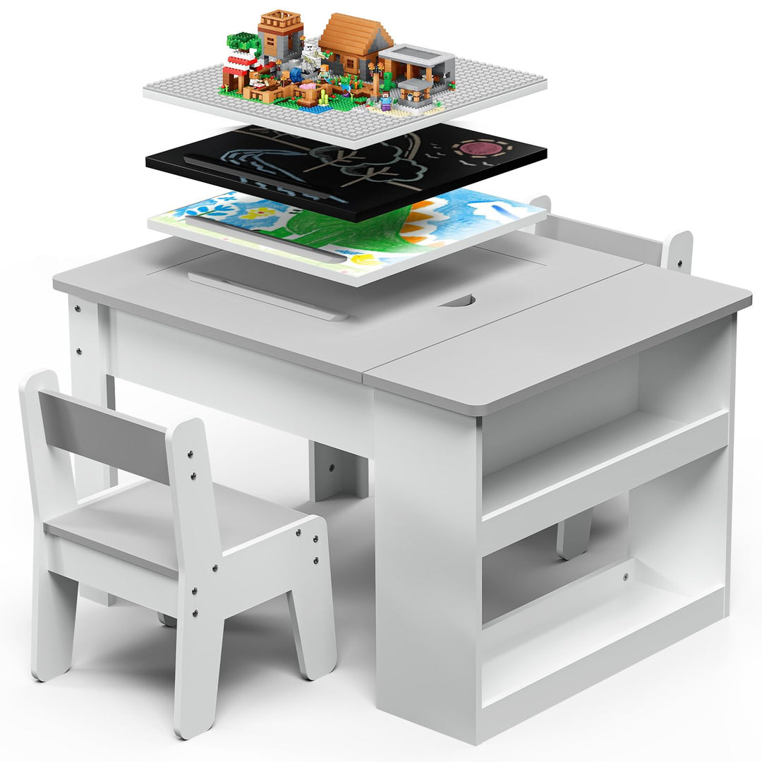 kindertisch mit 2 stühlen,Multifunktion Spielen Malen Lesen, 4 Wechselplatten, verstellbar & kippsic