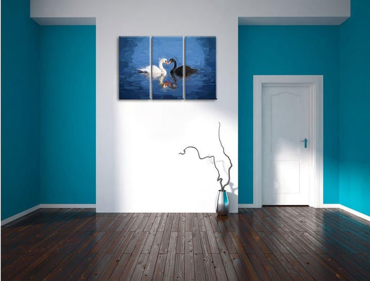 Pixxprint verliebte Schwäne schmusen Kunst / 3-Teilig/Gesamtmass 120cm Leinwandbild bespannt auf Hol