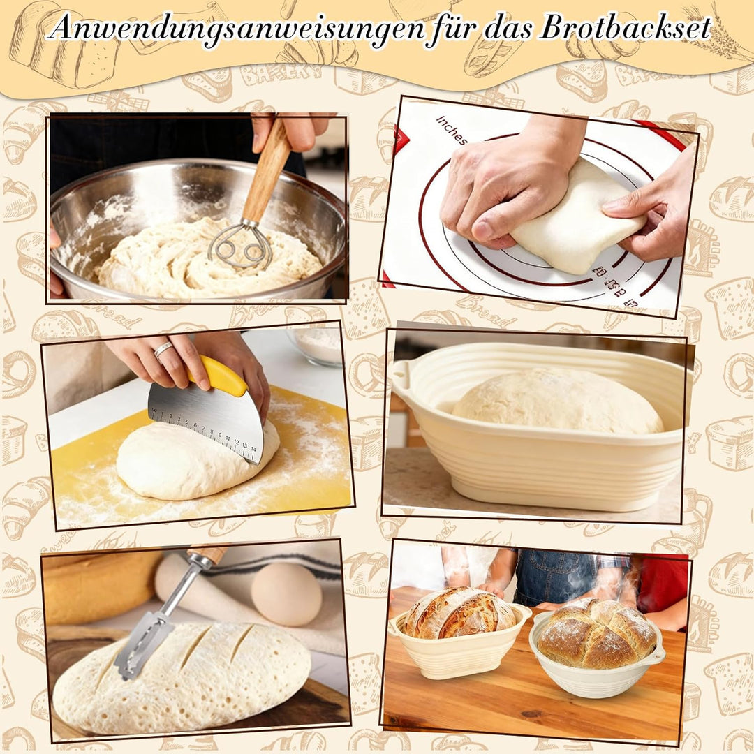 Gärkörbchen Set,13-Teilig Sauerteig Starter Set,28 cm Gärkörbchen Oval und 25 cm Gärkorb Rund aus Si
