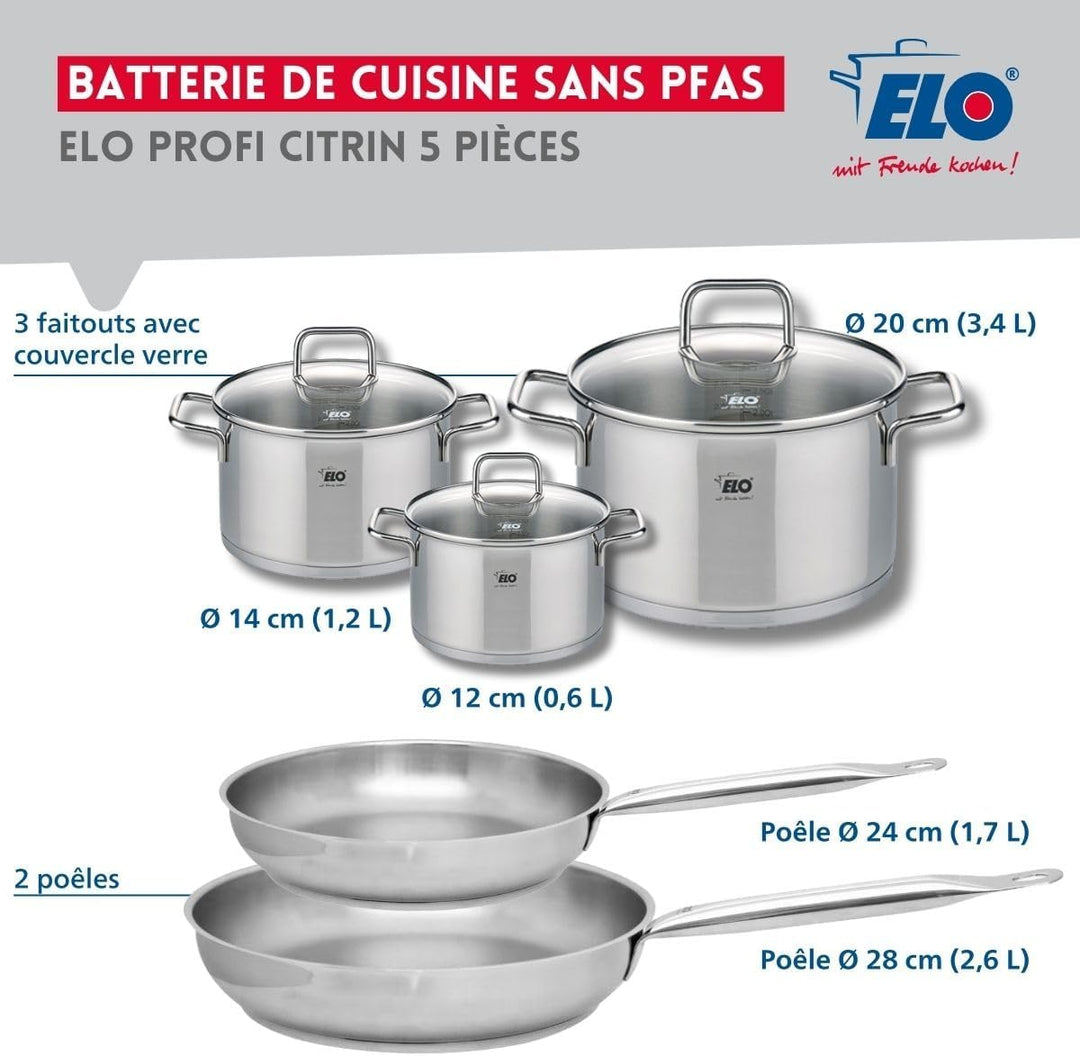 ELO 9503150 Kochgeschirr-Set, 5-teilig, 2 Bratpfannen 24 und 28 cm und 3 Kochtöpfe 12, 14 und 20 cm